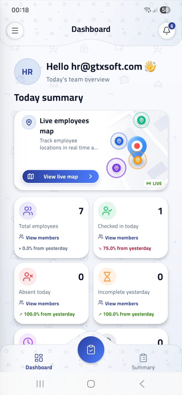 Synchro mobile app showing today's status, GPS check-in, and weekly summary