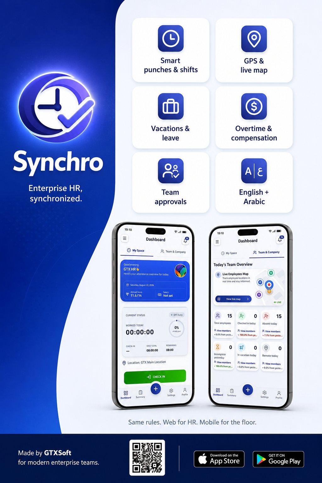 Synchro mobile app feature overview: smart punches and shifts, GPS and live map, vacations and leave, overtime and compensation, team approvals, English and Arabic