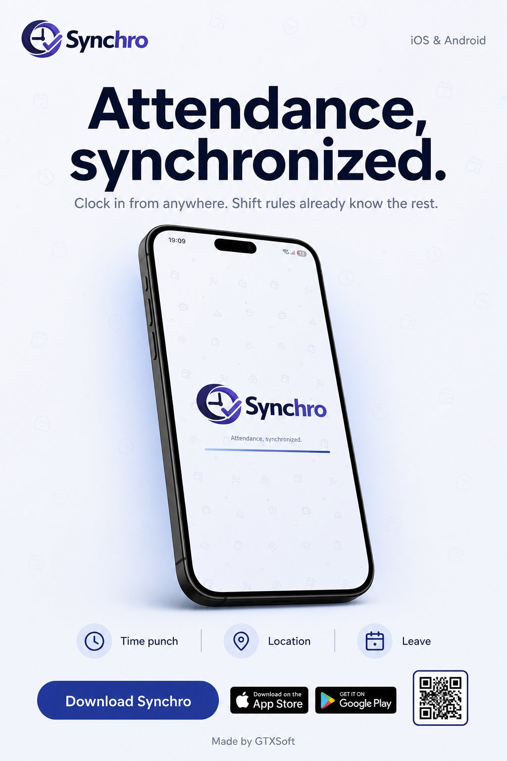 Synchro mobile app showing today's status, GPS check-in, and weekly summary