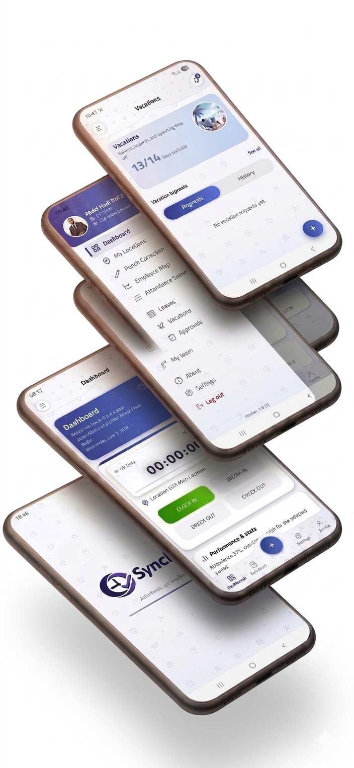 Synchro mobile app showing today's status, GPS check-in, and weekly summary